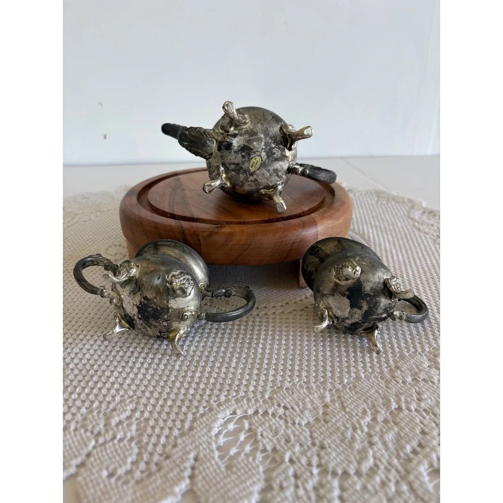 Vintage Miniature Silver Plated Tea Set Teapot Sugar Creamer 3pc Footed Ornate